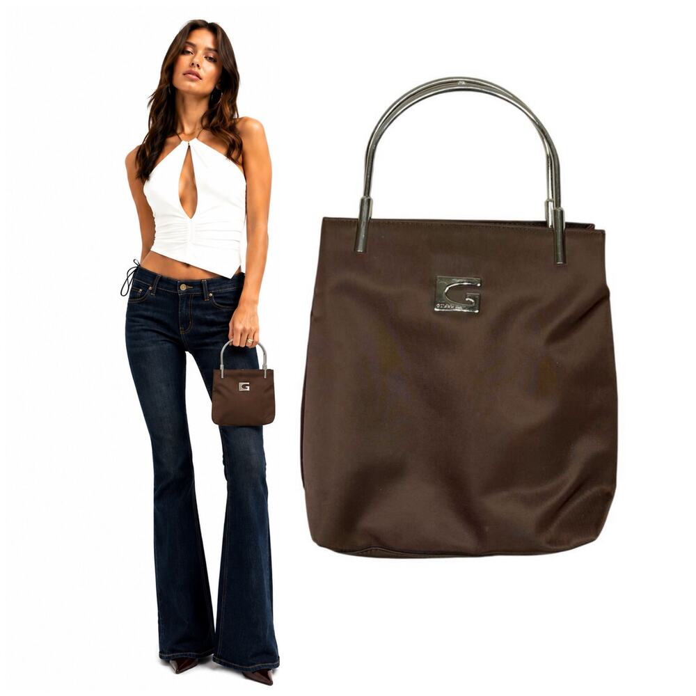 Guess | Vintage Y2K Chocolate Brown Silver Logo Metal Handle Purse Mini Handbag